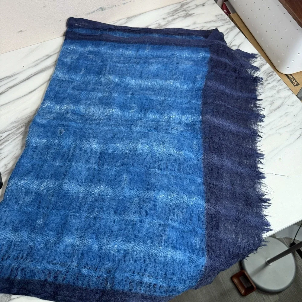 Eileen Fisher 100% Wool Scarf Blue Open Weave Gauze Crinkle Textured Fringe OS